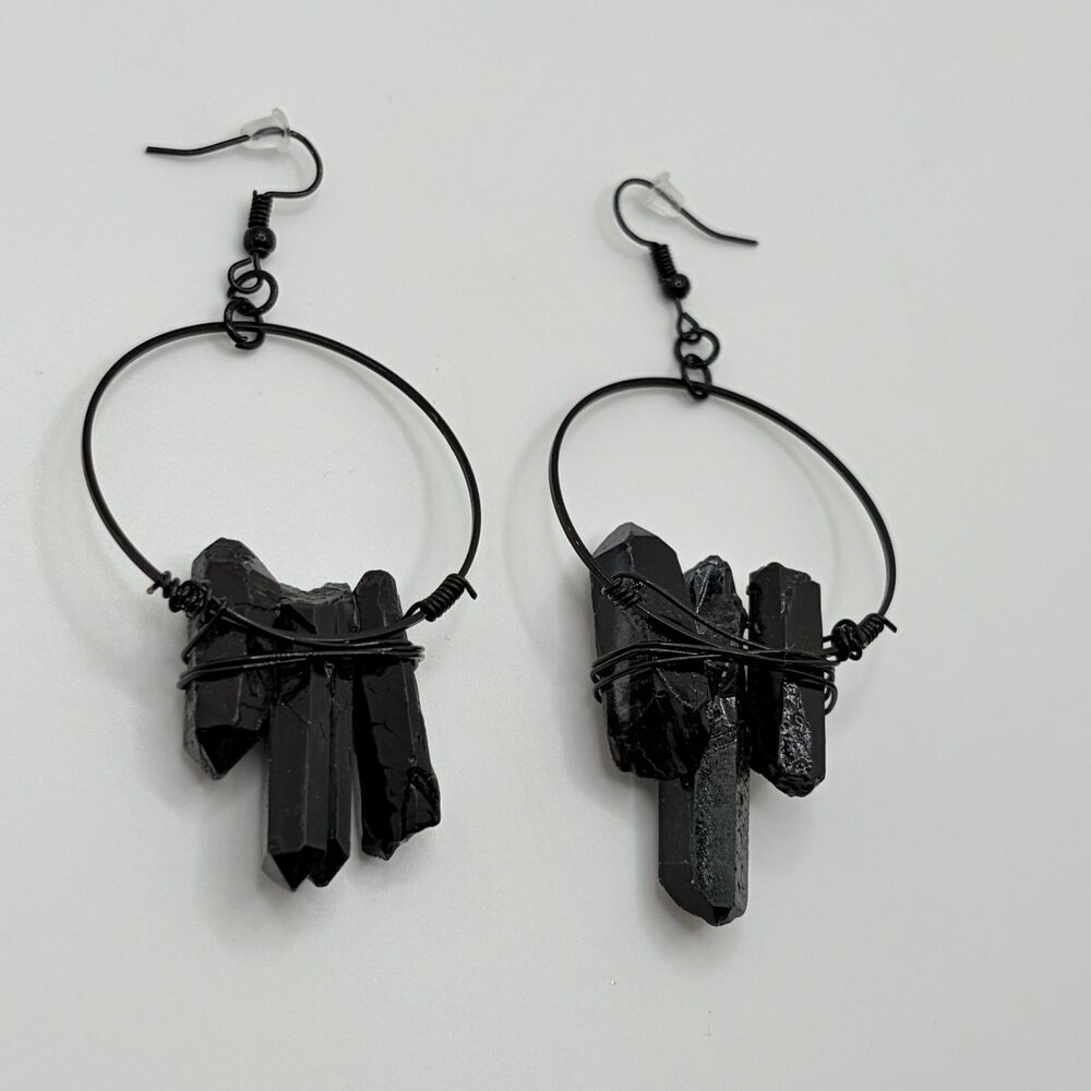 Goth Black Raw Crystal Hoop Earrings Witchy Quartz Point Grunge Whimsigoth Cyber